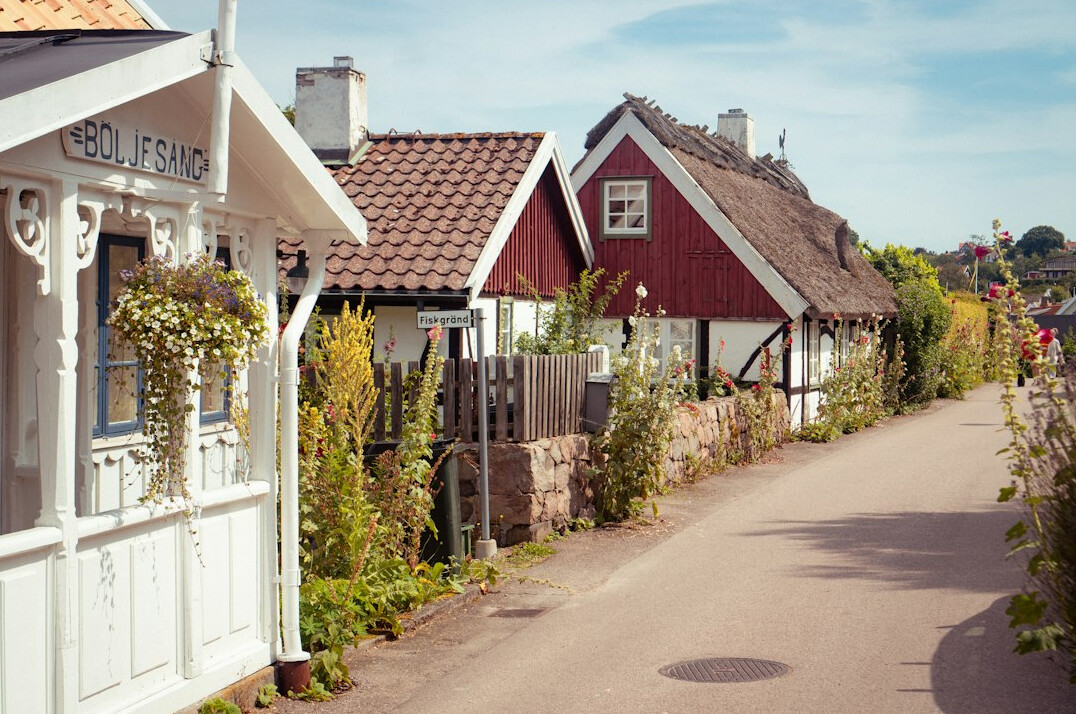 Small rural Danish village street with colorful houses